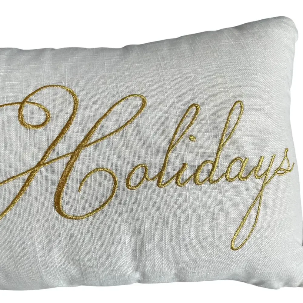 Pier 1 Happy Holidays Poinsettia Pillow Christmas Long White Rectangular READ